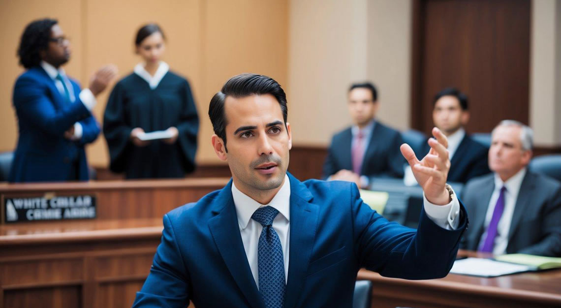 A white collar crime lawyer in Arizona should be shown in a courtroom, confidently presenting evidence and arguing a case before a judge and jury
